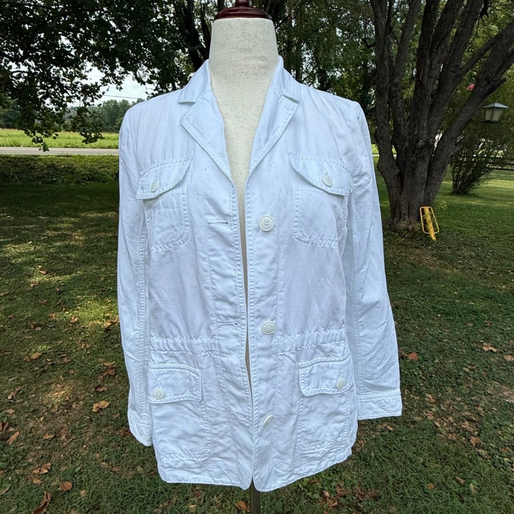 Talbots White Cotton Linen Blend Utility Field Jacket Eyelet Accent Size M NWT